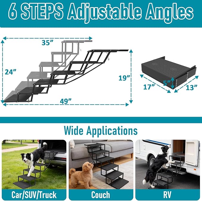 Dog Stairs for car, 6 Steps Foldable Dog Steps for Truck, Upgraded Non-Slip Pet Stairs for lagre Dogs, Metal Pet Stairs for SUV, Truck and Cars