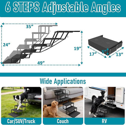 Dog Stairs for car, 6 Steps Foldable Dog Steps for Truck, Upgraded Non-Slip Pet Stairs for lagre Dogs, Metal Pet Stairs for SUV, Truck and Cars