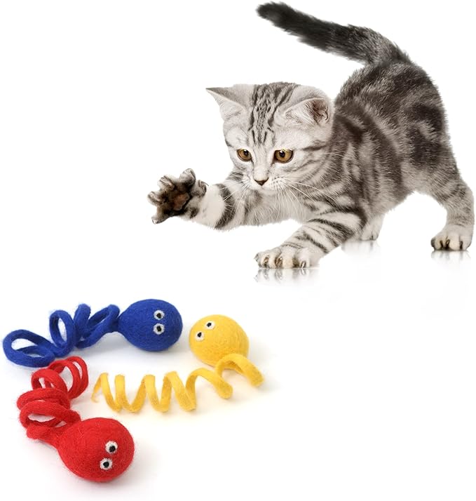 Glaciart One Felt Spring Cat Toy – 3 Pcs Soft Fuzzy Enrichment 100% Natural Wool - Interactive Stretchable Play Set - Safe for Pets, Non-AZO Colored Dyes - 4” Long
