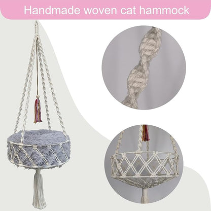 Macrame Cat Hammock, 47.24 * 15.74INCH, Cat Swing with Plush Bed for Sleeping, Playing, Climbing, and Lounging