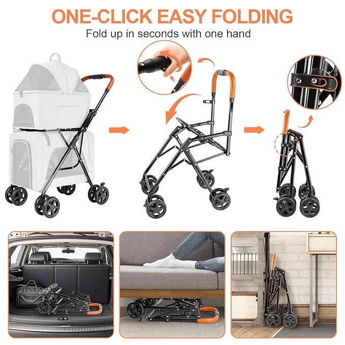 Double Pet Stroller with Detachable Carrier for Medium Small Dogs and Cats, Lightweight Dog Stroller Travel Carriage with No-Zip Canopy Storage Basket One-Click Folding and One-Foot Brake