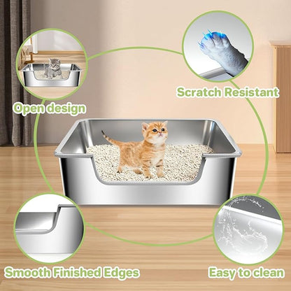 Low Entry Litter Box for Senior Kittens Disabled Cats - Stainless Steel High Sided Enclosed Easy Step in Entry - Large Metal Kitty Litter Box Easy to Clean(19.7”x13.8”x5.9”)