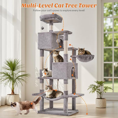 DUMOS Large 66 Inch Cat Tree Tower, Tall Multi Level Cat Climbing Tower with Natural Sisal Scratching Posts, Hammock, Pet Condo for Indoor Cats and Kittens Play, Grey