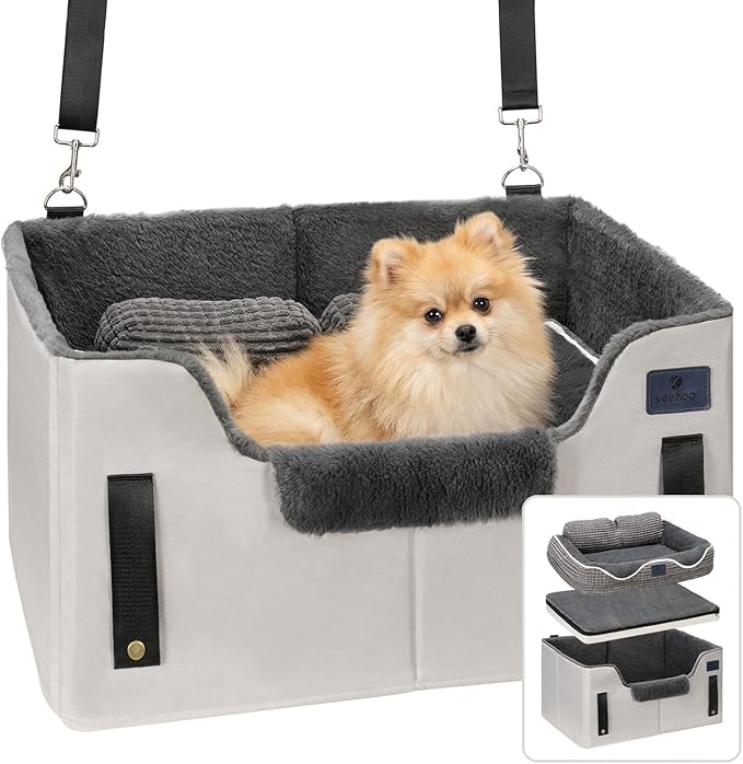 Veehoo 2-in-1 Dog Booster Car Seat & Pet Bed for Small Medium Dogs up to 50lbs, Foldable Travel Car Seat with Safety Leash, Non-Slip Removable Washable Cover