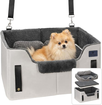 Veehoo 2-in-1 Dog Booster Car Seat & Pet Bed for Small Medium Dogs up to 50lbs, Foldable Travel Car Seat with Safety Leash, Non-Slip Removable Washable Cover
