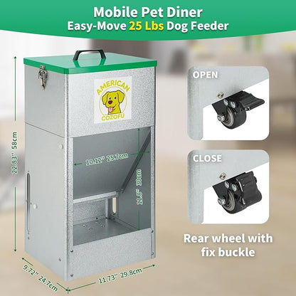 Automatic Dog Feeder with Wheels, 25lb Heavy Duty Galvanized Steel Gravity Food Dispenser - Easy to Move Rolling Pet Food Station for Indoor & Outdoor Use