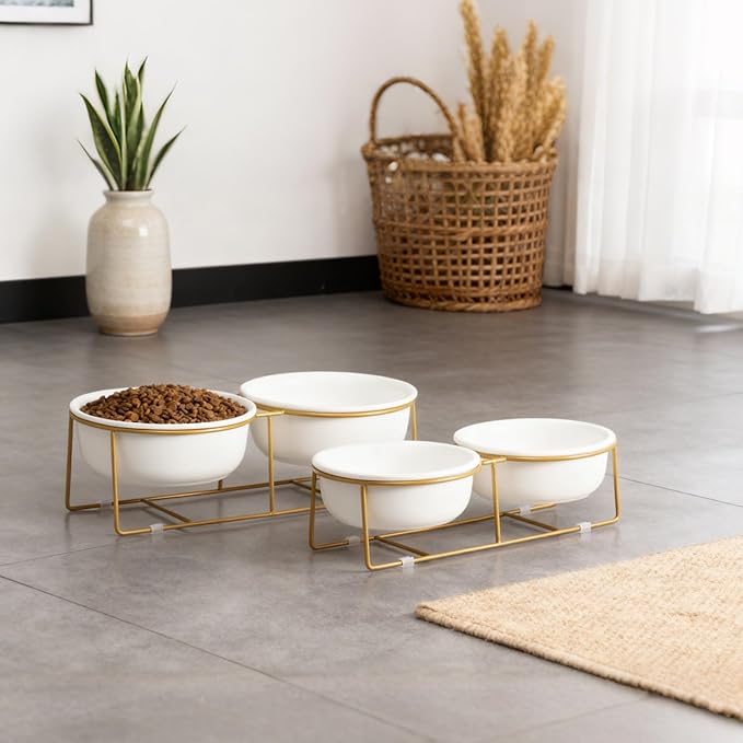 Elevated Dog Bowls for Food and Water - Double Ceramic Bowls with Metal Stand - Raised Feeding Station for Small and Medium Dogs - Each Holds 600ml / 3.2 Cups (Approx. 320g) - White