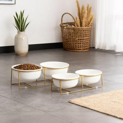 Elevated Dog Bowls for Food and Water - Double Ceramic Bowls with Metal Stand - Raised Feeding Station for Small and Medium Dogs - Each Holds 600ml / 3.2 Cups (Approx. 320g) - White