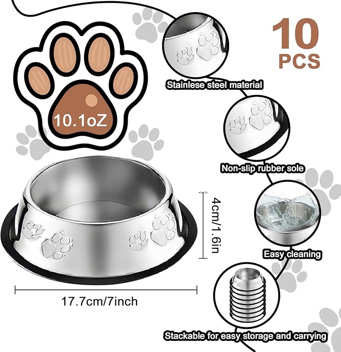 10 Pcs Stainless Steel Dog Bowl Pet Feeding Bowl with Rubber Base Non-Slip Pet Dishes Metal Dog Bowls Pet Food and Water Bowls for Small Medium Animals Kitten Rabbit (10.1 oz)
