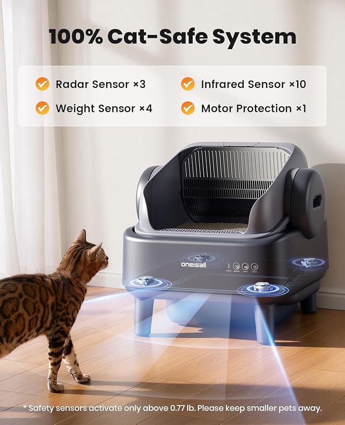 oneisall Self Cleaning Litter Box: Ease S1 Open-Top Cat Litter Box Rinsable Easy Clean, with Safety Protection & 11L Large Waste Bin & 40pcs Waste Bags, Automatic Cat Litter Box for Multiple Cats