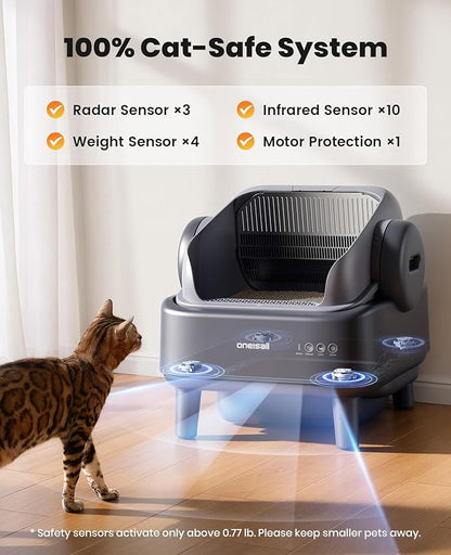 oneisall Self Cleaning Litter Box: Ease S1 Open-Top Cat Litter Box Rinsable Easy Clean, with Safety Protection & 11L Large Waste Bin & 40pcs Waste Bags, Automatic Cat Litter Box for Multiple Cats