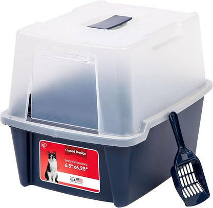 IRIS USA Cat Litter Box, Litter Box Enclosure with Scoop and Front Door Flap, Covered Kitty Litter Box for Privacy, Portable, Easy to Clean, Navy
