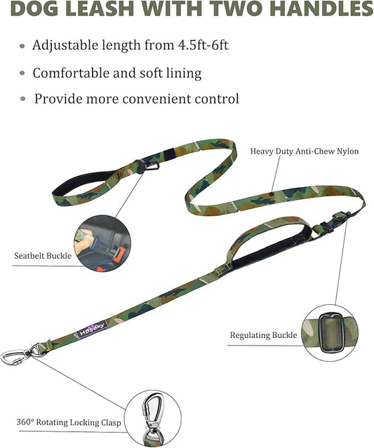 Hotsky Double Handle Dog Leash for Large Medium and Small Breed Dogs that Pull,Adjustable Nylon Heavy Duty Dog Leash with Car Seat Belt for Walking and Training,Camo,4.5-6 FT