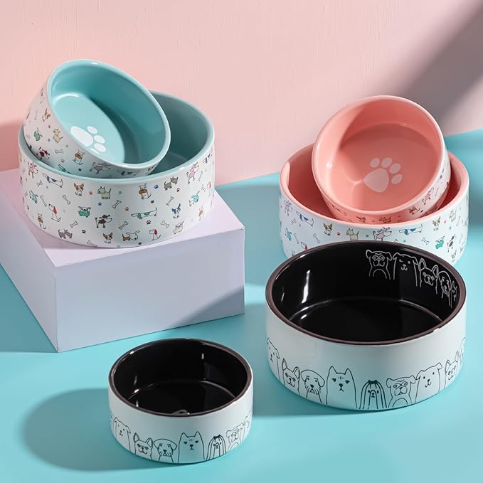 Fun Elements Ceramic Dog Bowls - Large, Non-Slip, 64 Fl Oz, Black with Adorable Dog Patterns (Large, Black)