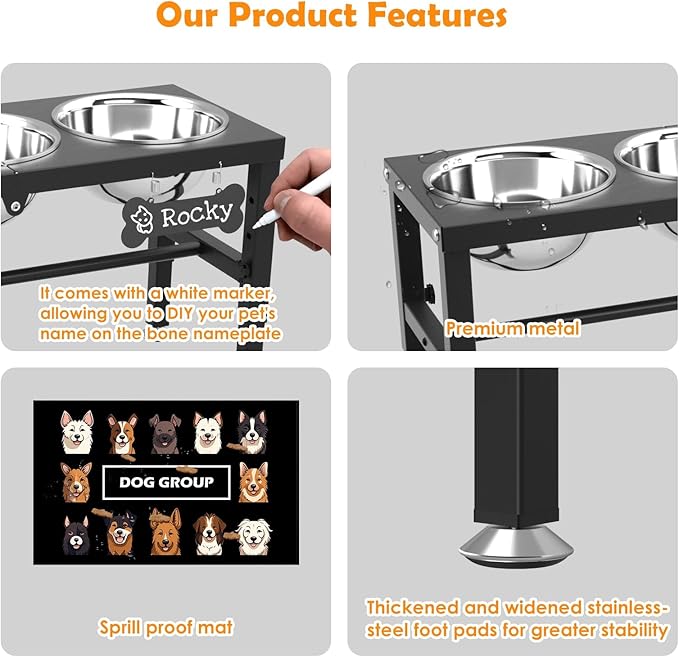 3-in-1 Slow Feeder Dog Bowl Stand, Elevated Raised Feeder with 1 Slow Feed & 3 Stainless Steel Bowls, Iron Stand, Custom Name Plate & Mat - Easy Clean for Fast Eaters, Multiple Dogs