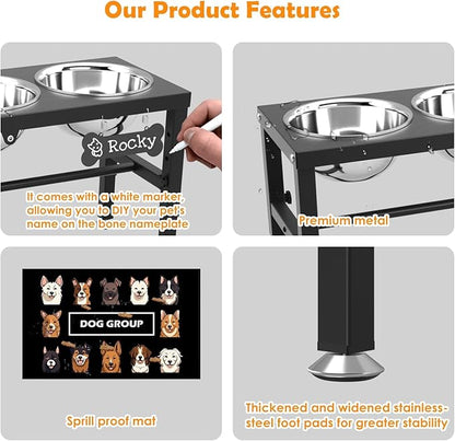 3-in-1 Slow Feeder Dog Bowl Stand, Elevated Raised Feeder with 1 Slow Feed & 3 Stainless Steel Bowls, Iron Stand, Custom Name Plate & Mat - Easy Clean for Fast Eaters, Multiple Dogs