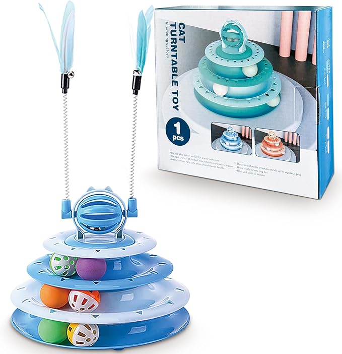 Vealind Cat Toy Roller 4-Level Turntable Cat Toys Balls with 14 Pcs Colorful Pom Pom Balls Interactive Fun Mental Physical Exercise Puzzle Kitten Toys (Blue)