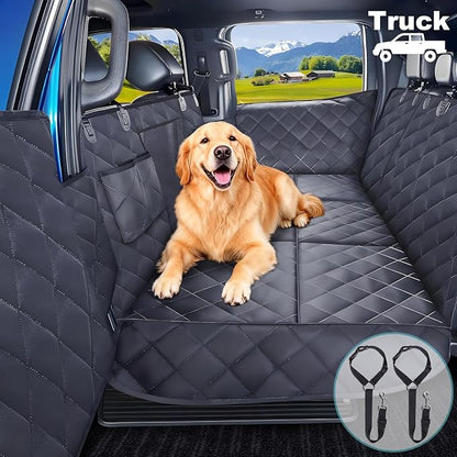 Truck Hard Bottom Car Seat Cover for Dogs | Mesh Window & 2 Safety Belts | 100% Waterproof Sturdy Back Seat Extender with Door Protectors |Non-Slip,Scratchproof Pet Car Rear Seat Protector Fit Pickup