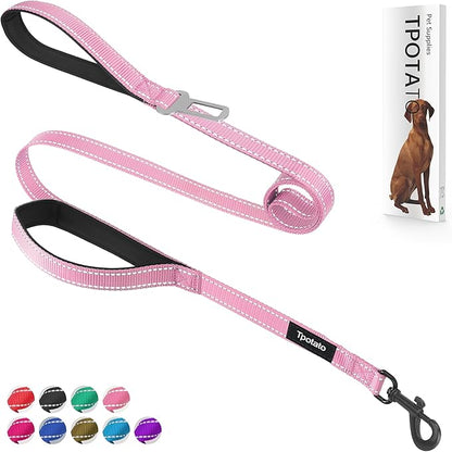 6 Foot Pink Dog Leashes for Large Medium and Small Breed Dogs That Pull,Reflective Nylon Heavy Duty Dog Leash with 2 Comfortable Padded Traffic Handles and Car Seat Belt for Walking and Training
