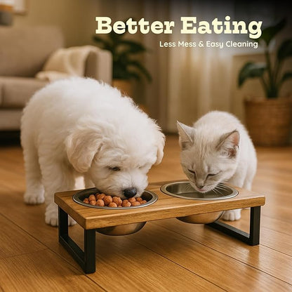 Elevated Dog Bowls, 4” Small Dogs & Cats Raised Bowl Mango Wood Stand, Food & Water 2 Stainless Steel Dishes Each 16oz/2Cup Capacity, Non-Slip Pet Feeder Station in Brown for Toy Breeds