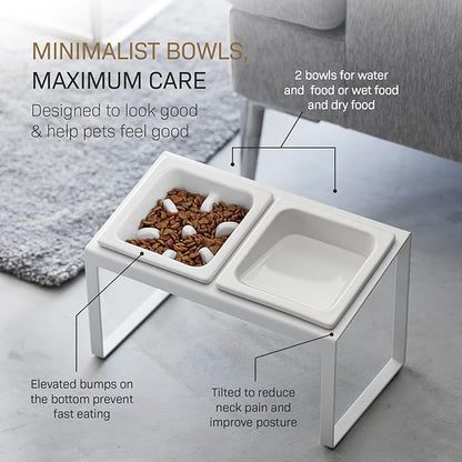Yamazaki Home Slow Feeder Ceramic Pet Bowl with Elevated Stand – Small, Ceramic Bowl Set with Anti-Choking Puzzle for Cats and Small Dogs, Angled Design, White - 0.75 Cups, 180 ml