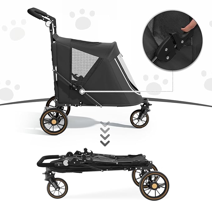 MoNiBloom Pet Stroller for Large Dogs or Multiple Dogs Cats with Adjustable Handle, 3-Wheels Dual Entry Portable Dog Carting Easy Folding Pet Wagon Double Dog Stroller up to 55 lbs, Black
