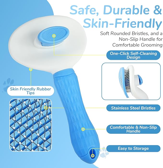 Pet Hair Removal Glove & Brush Set – Self-Cleaning Slicker Deshedding Brush and Reusable Hair Removal Glove for Dogs, and Cats, Gentle Grooming Tool for Long & Short Haired Pets