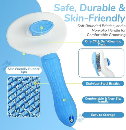 Pet Hair Removal Glove & Brush Set – Self-Cleaning Slicker Deshedding Brush and Reusable Hair Removal Glove for Dogs, and Cats, Gentle Grooming Tool for Long & Short Haired Pets