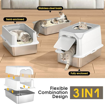 Enclosed Stainless Steel Litter Box, Large Metal Litter Box with Lid, Front & Top Entry, Odor Control & Dog Proof, Scratch-Resistant, Easy Clean (White)