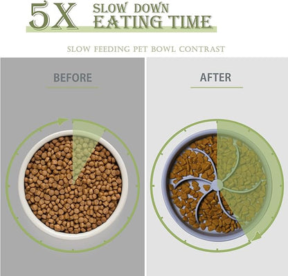 Slow Feed Dog Bowl & Cat Bowl (10 oz, Grey, Modern Silicone, Promotes Healthy Eating, Large Dogs & Cats, Multiple Pets)