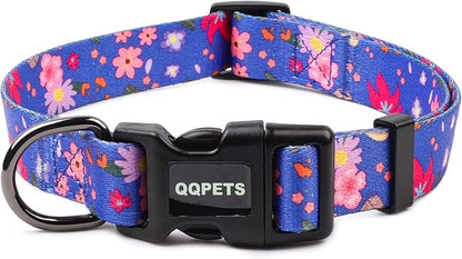 QQPETS Adjustable Soft Dog Collar: Print Flower Pink Multicolor Cute Patterns for XS Small Medium Large Pet Girl Boy Puppy Walking Running Training (S, Cornflower Blue)
