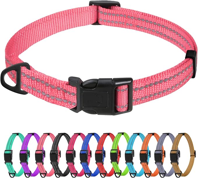 TagME Reflective Nylon Dog Collars, Adjustable Classic Pet Collar with Quick Release Buckle for Extra Small Dogs, Baby Pink,5/8" Width