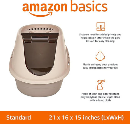 Amazon Basics No-Mess Hooded Enclosed Cat Litter Box with Odor Control and Swinging Door, Standard, 21" x 16" x 15", Multicolor
