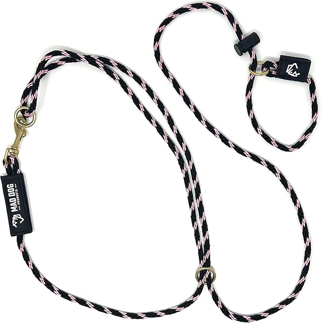 Mad Dog Products Hands Free Slip Dog Leash ¼” x 10’ Black/Pink Signature Rope – Made in USA