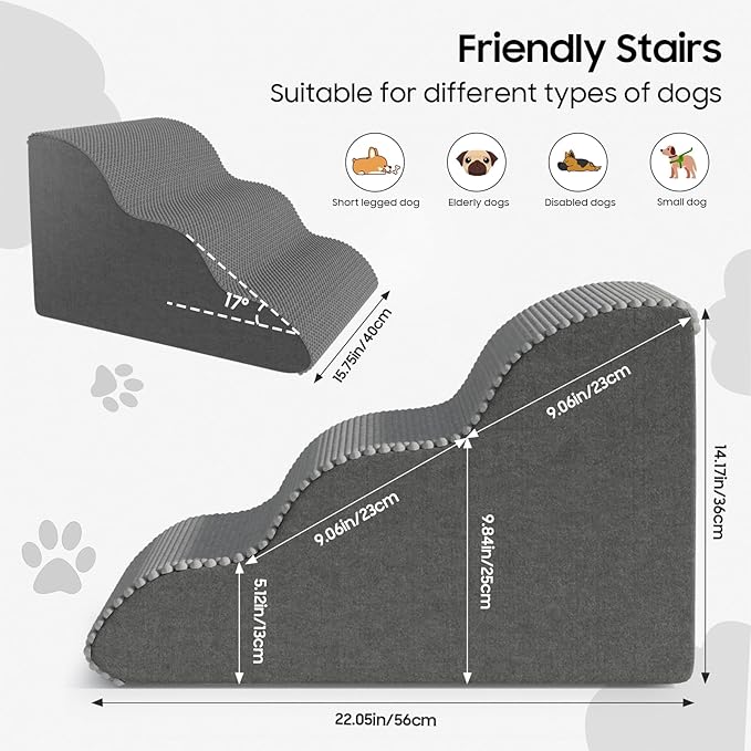 Pet Stairs for Small Dogs and Cats, Comfortable Curved Design with Waterproof Cover, High-Density Foam Steps for Beds or Sofas, Durable and Lightweight, 3-Layer, 21.7x15.7x13.8 Inches Grey