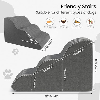 Pet Stairs for Small Dogs and Cats, Comfortable Curved Design with Waterproof Cover, High-Density Foam Steps for Beds or Sofas, Durable and Lightweight, 3-Layer, 21.7x15.7x13.8 Inches Grey