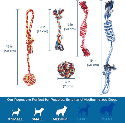 SunGrow, 5-Pack Ferret Rope Chew Teething Toys, Puppy Chew Toys & Accessories for Cage, Machine-Washable Durable Cotton Knotted Rope Dog Tug Toys for Small to Medium Breeds, 3” - 19”