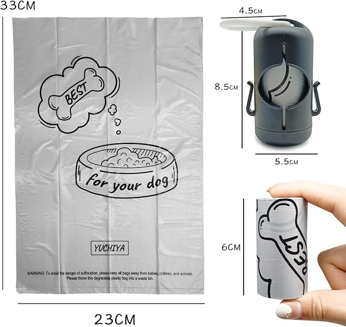 Dog Poop Bag Holder with Leash Clip, Adjustable Strap & 2-Side Hooks for Used Dog Waste Bags (Black)