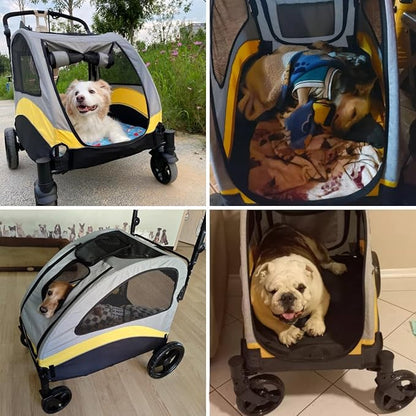 XL Extra Large Dog Stroller, All-Terrain 4 Wheel for 2 Medium Dogs, One-Click Foldable, Adjustable Handles, Dual Entry Safety Dog Stroller, Capacity 88lbs (Gray-Yellow)