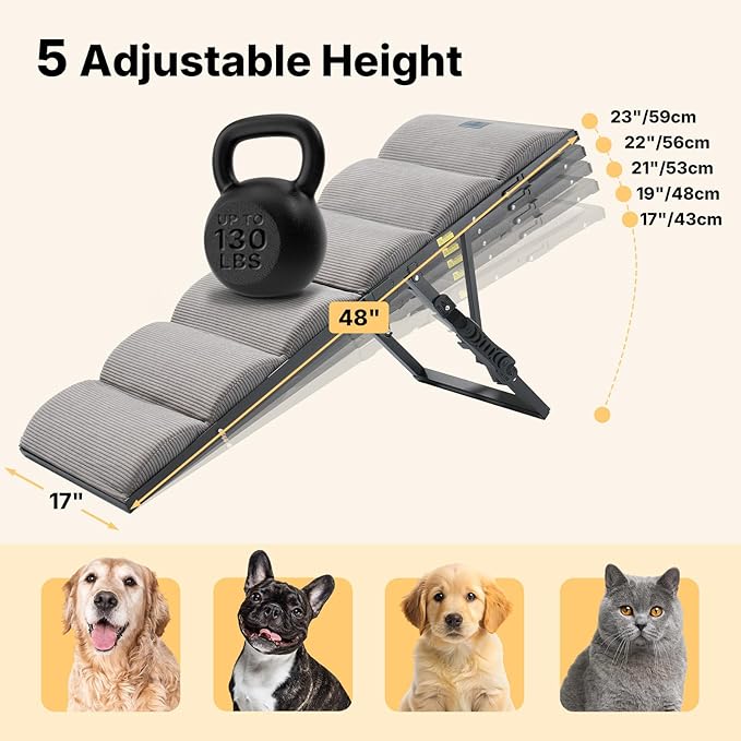 Veehoo Dog Ramp for Bed Couch for Small to Large Dog, Foldable Ramp for Dogs to Get on Bed 5 Adjustable Height from 17" to 23", Pet Cat Stairs Doggy Steps Non Slip with Metal Frame, Up to 130lbs