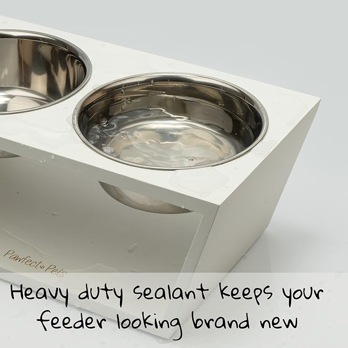 Pawfect Pets Elevated Dog Bowl Stand- 7" Raised Dog Bowl for Medium Dogs. Pet Feeder with Four Stainless Steel Bowls (White)