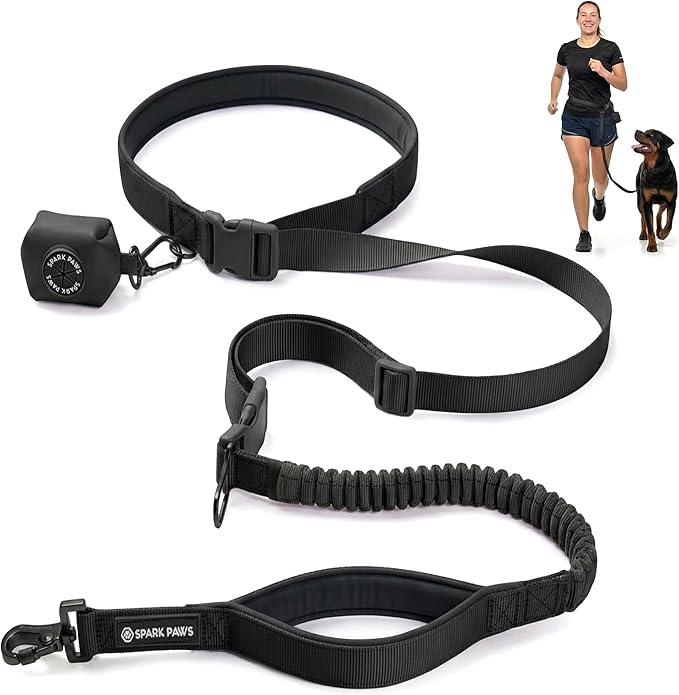 Spark Paws Handsfree Dog Leash – Shock Absorbing Waist Bungee Lead for Running, Car Seatbelt Clip & Poop Bag Set, Heavy Duty Tactical Lead for Medium, Large & X-Large Breeds - Black