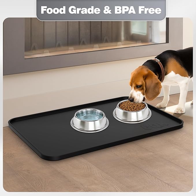 Silicone Dog Food Mat, Waterproof Anti-Slip Pet Feeding Mat with Warped Resistant Raised Edge,Spill-Proof Lip Floor Protection,Dishwasher-Safe Pet Placemat for Dogs & Cats(L 24" x 16" Black)