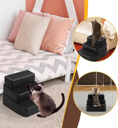 BALAPET Adjustable 3 Steps Litter Box Ramp with Filter Function, Detachable Litter Trapper, Easy Clean Cat Litter Stair for Small & Elderly Cats(Black)