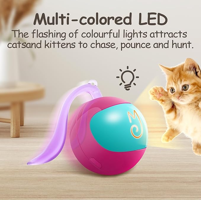 Migipaws 2-in-1 Interactive Cat Toy Ball – Paw Friendly Kicking Chasing Ball with Bonus Fluffy Tail for Indoor Cats Random Rolling Auto Escape Corners Tangle-Free Quiet USB Rechargeable (Rose)