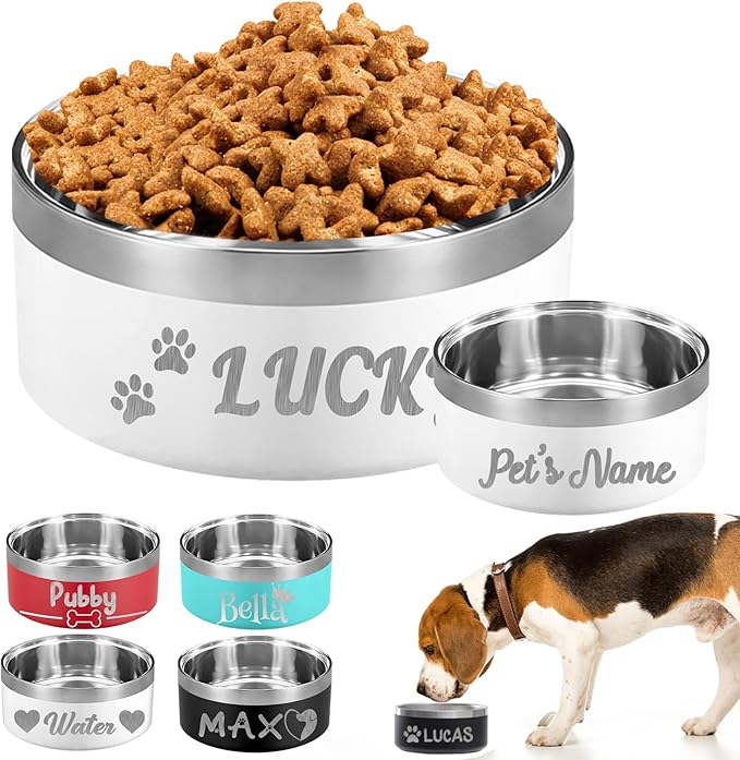 Personalized Dog Bowl Custom Dog Bowls with Name Customized Laser Engraved Stainless Steel Pet Dishes for Large Small Dogs Cat 32/42/64oz Feeding Supplies-White 32oz