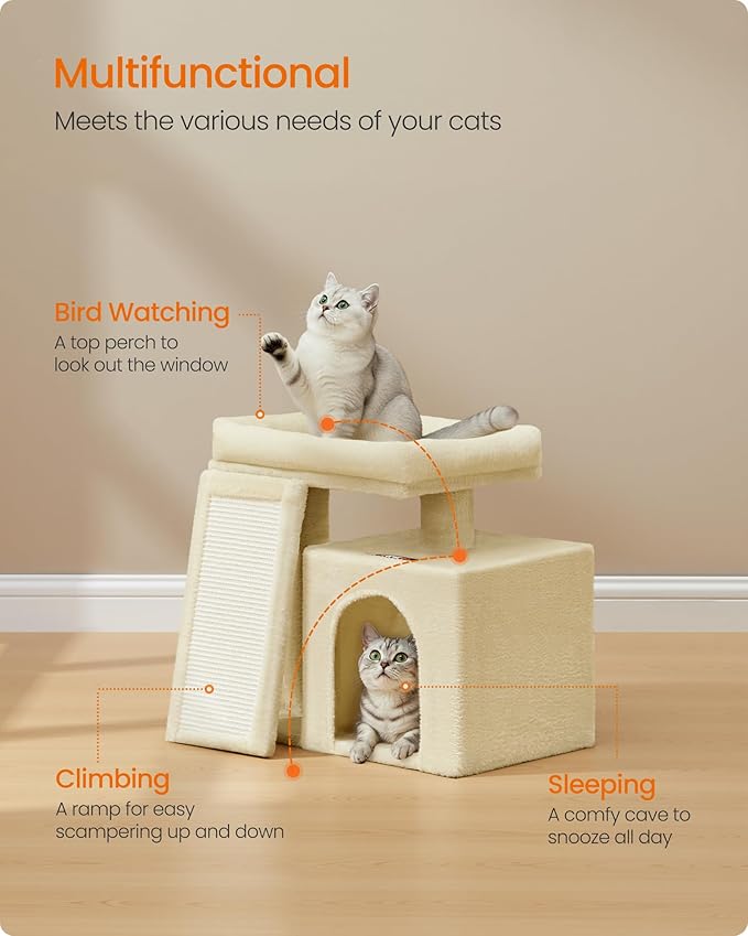 Feandrea Small Cat Tree, Cat Tower Condo, Scratching Ramp, Large Top Perch, Cave, 20.1 x 15.4 x 18.3 Inches, Summer Sand UPCT010LF02S