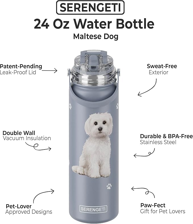 SERENGETI 24 Oz Water Bottle Stainless Steel with Spill Proof Lid - Double walled Vacuum Insulated water flask - Realistic 3D Print of your favorite dog (Maltese)