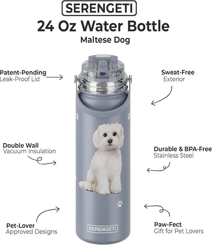 SERENGETI 24 Oz Water Bottle Stainless Steel with Spill Proof Lid - Double walled Vacuum Insulated water flask - Realistic 3D Print of your favorite dog (Maltese)