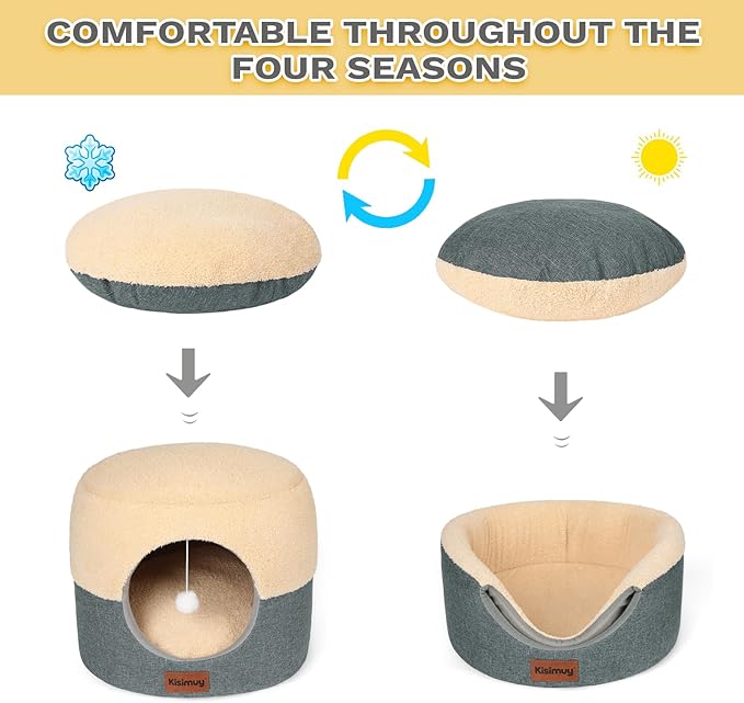 Cat Cave Bed for Indoor Cats, 2-in-1 Convertible Cat House & Lounge with Reversible Plush Cushion – Calming Anti-Anxiety Anti-Slip Pet Bed for Small Dogs & Kittens, Cozy Hideaway Tent, 19.7 inches